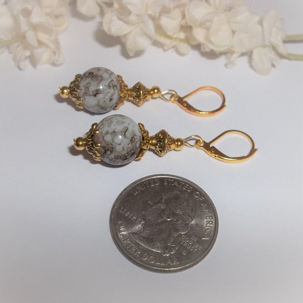 Gold Brown White Beaded Dangle Earrings Set Lever Back Gift Idea for Her 7134 - Picture 5 of 8